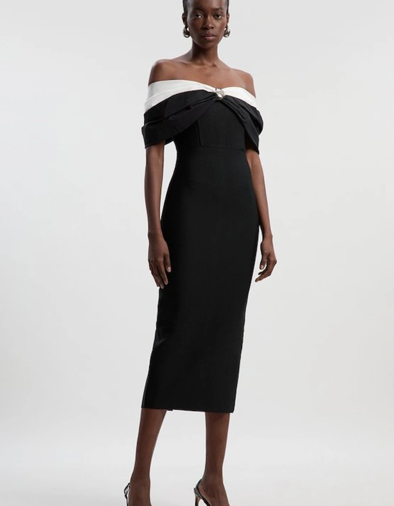 Taffeta Bardot Figure Form Maxi Dress