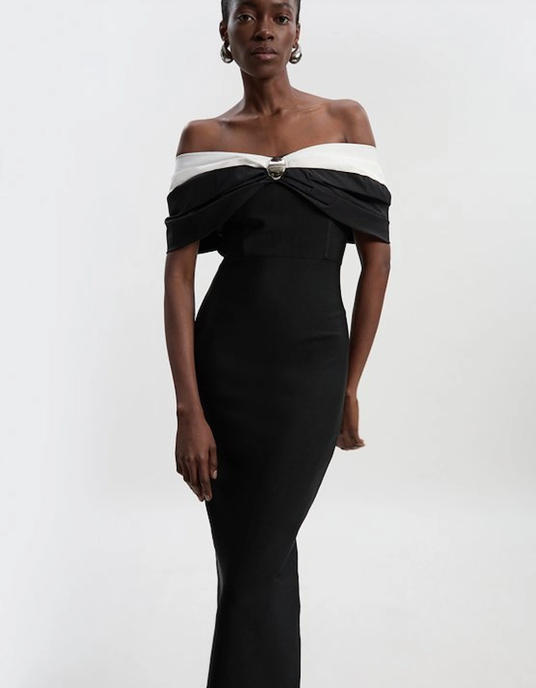 Taffeta Bardot Figure Form Maxi Dress
