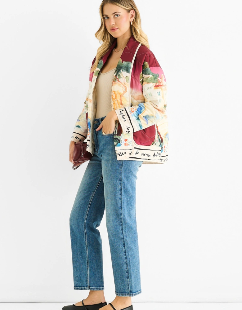 Burgundy Water Print Lightweight Quilted  Jacket
