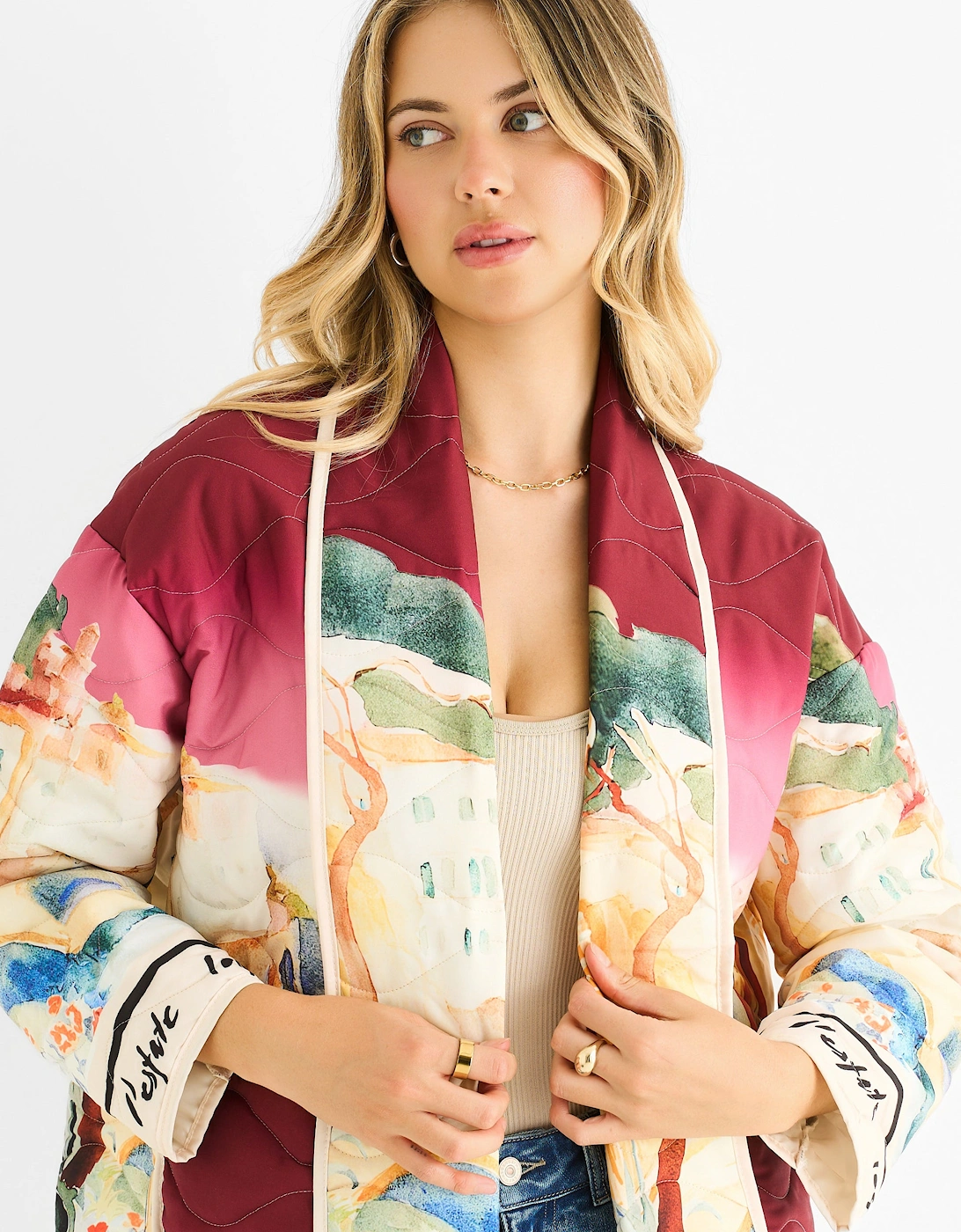 Burgundy Water Print Lightweight Quilted  Jacket