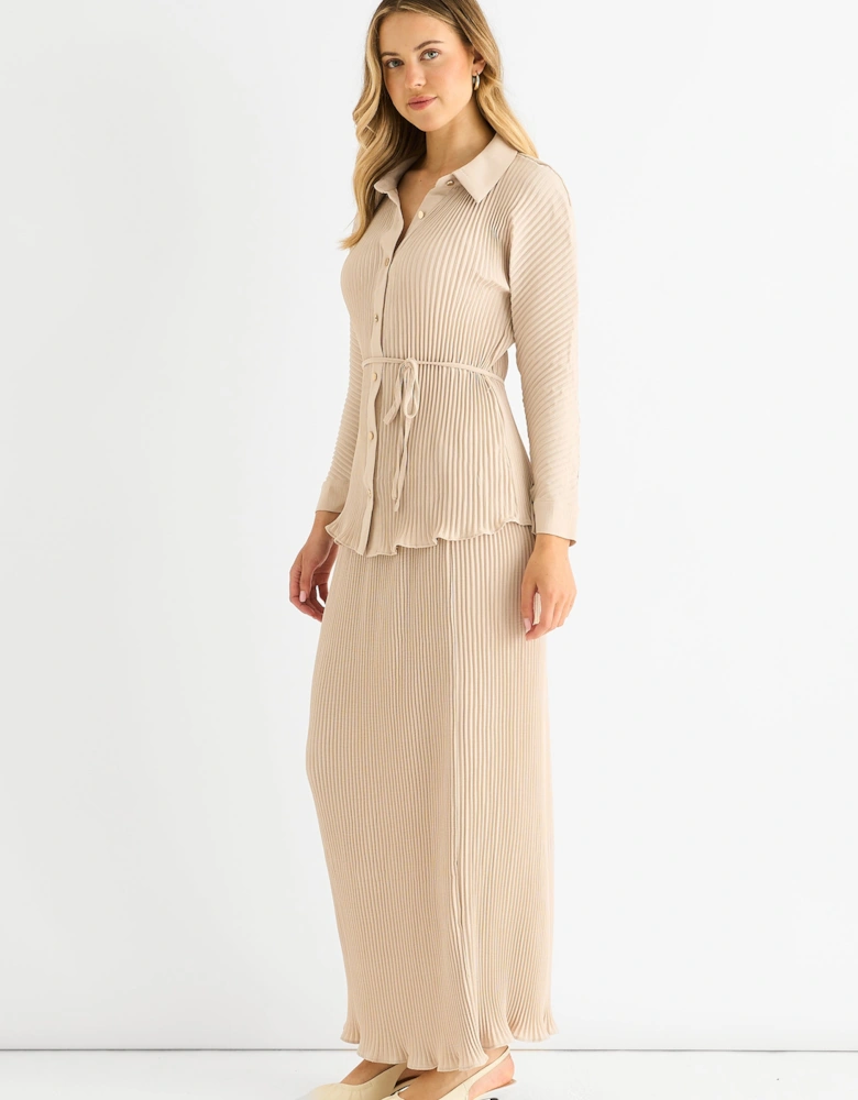 Beige Plisse Elasticated Waist Maxi Skirt