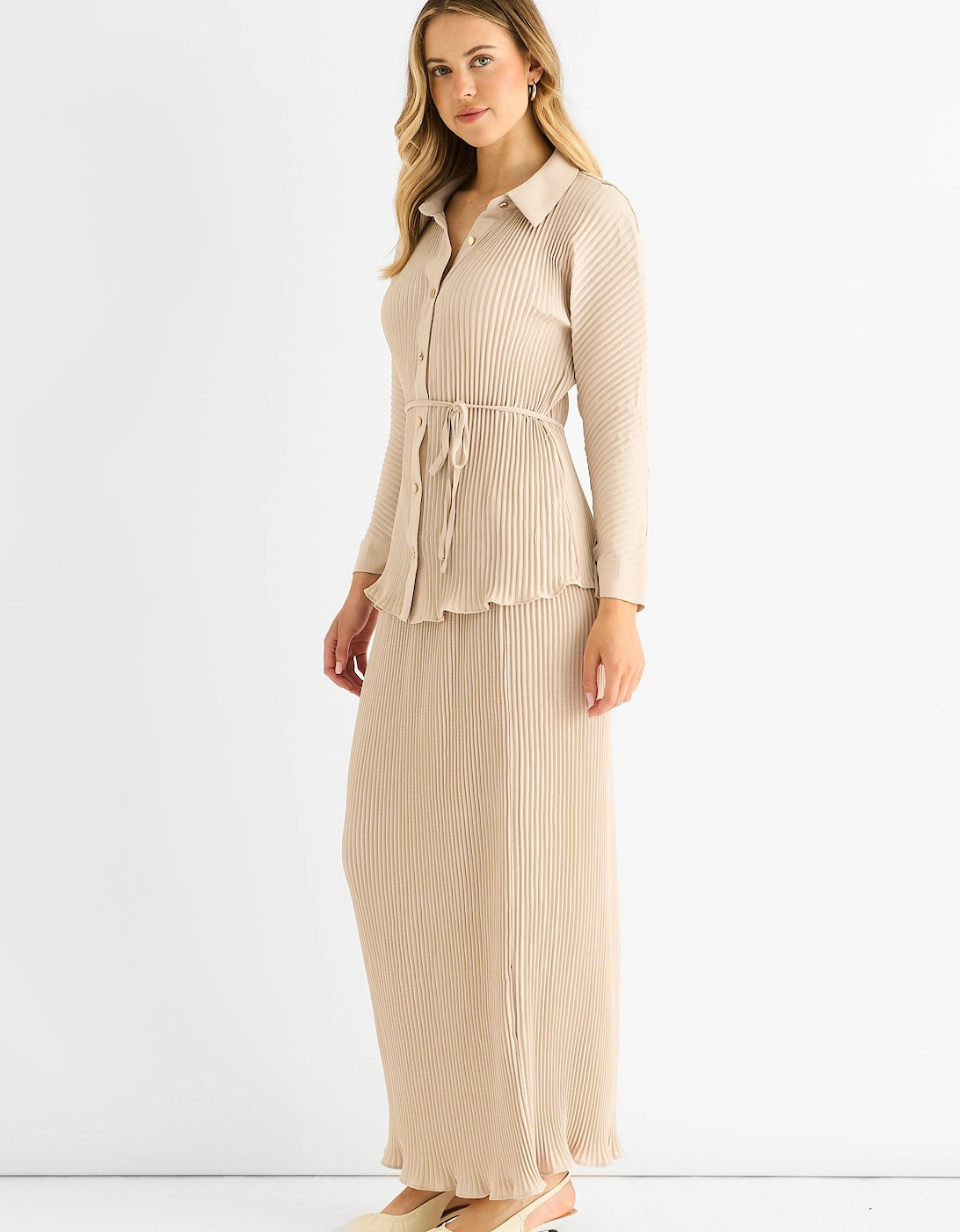 Beige Plisse Elasticated Waist Maxi Skirt