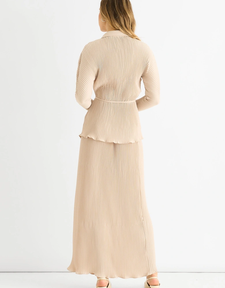Beige Plisse Elasticated Waist Maxi Skirt