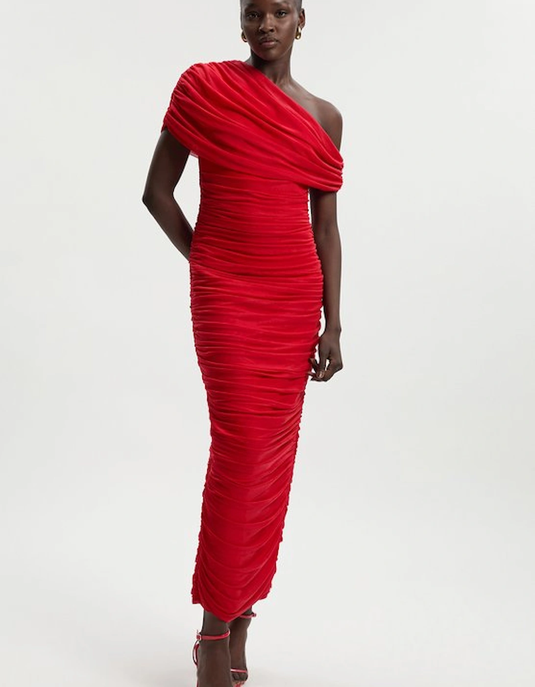 Bandage Mesh Gathered Asymmetric Neck Knitted Maxi Dress, 2 of 1