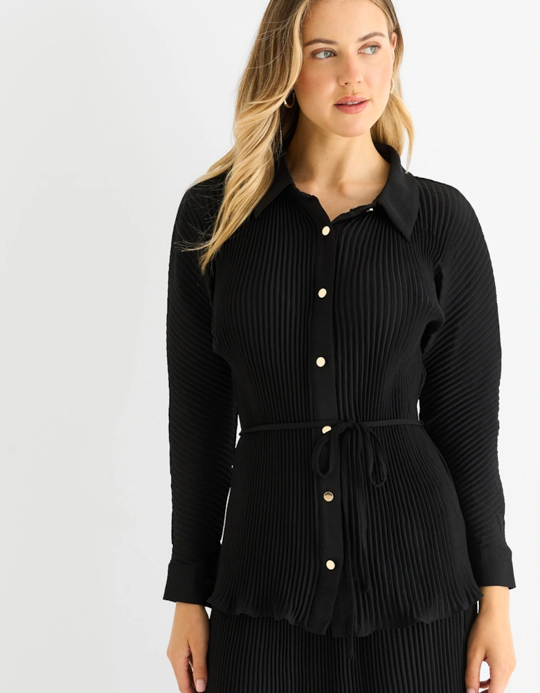 Black Plisse Button Through Shirt