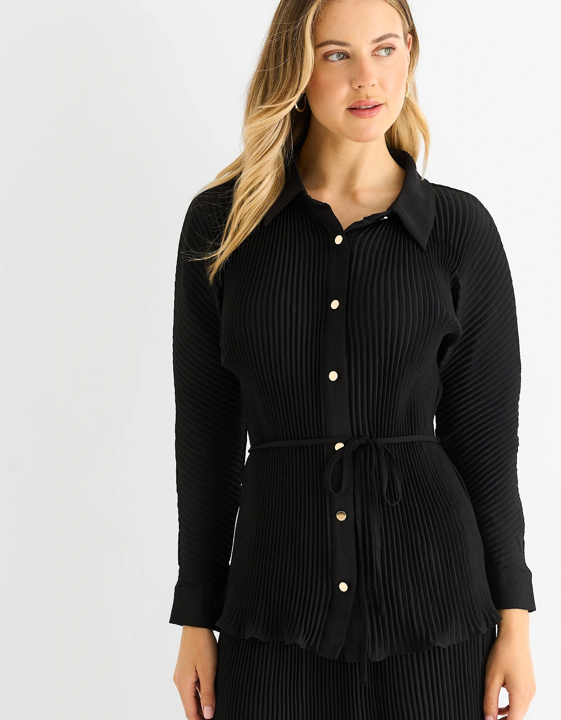 Black Plisse Button Through Shirt