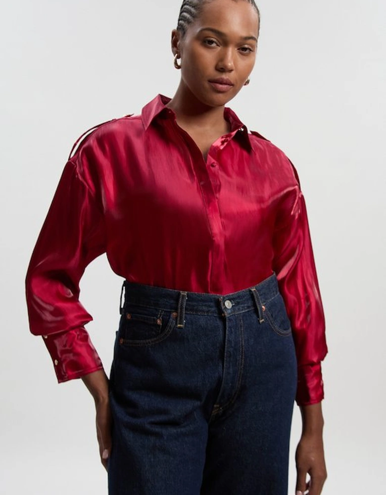 Plus Size Metallic Woven Collared Shirt