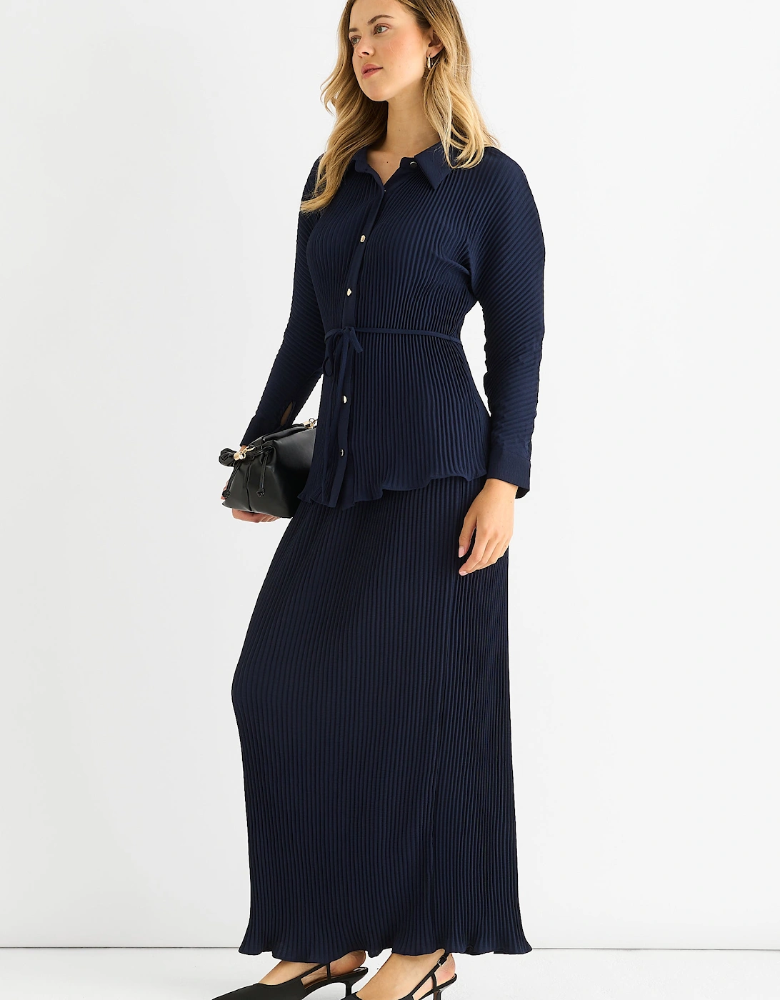 Navy Plisse Elasticated Waist Maxi Skirt