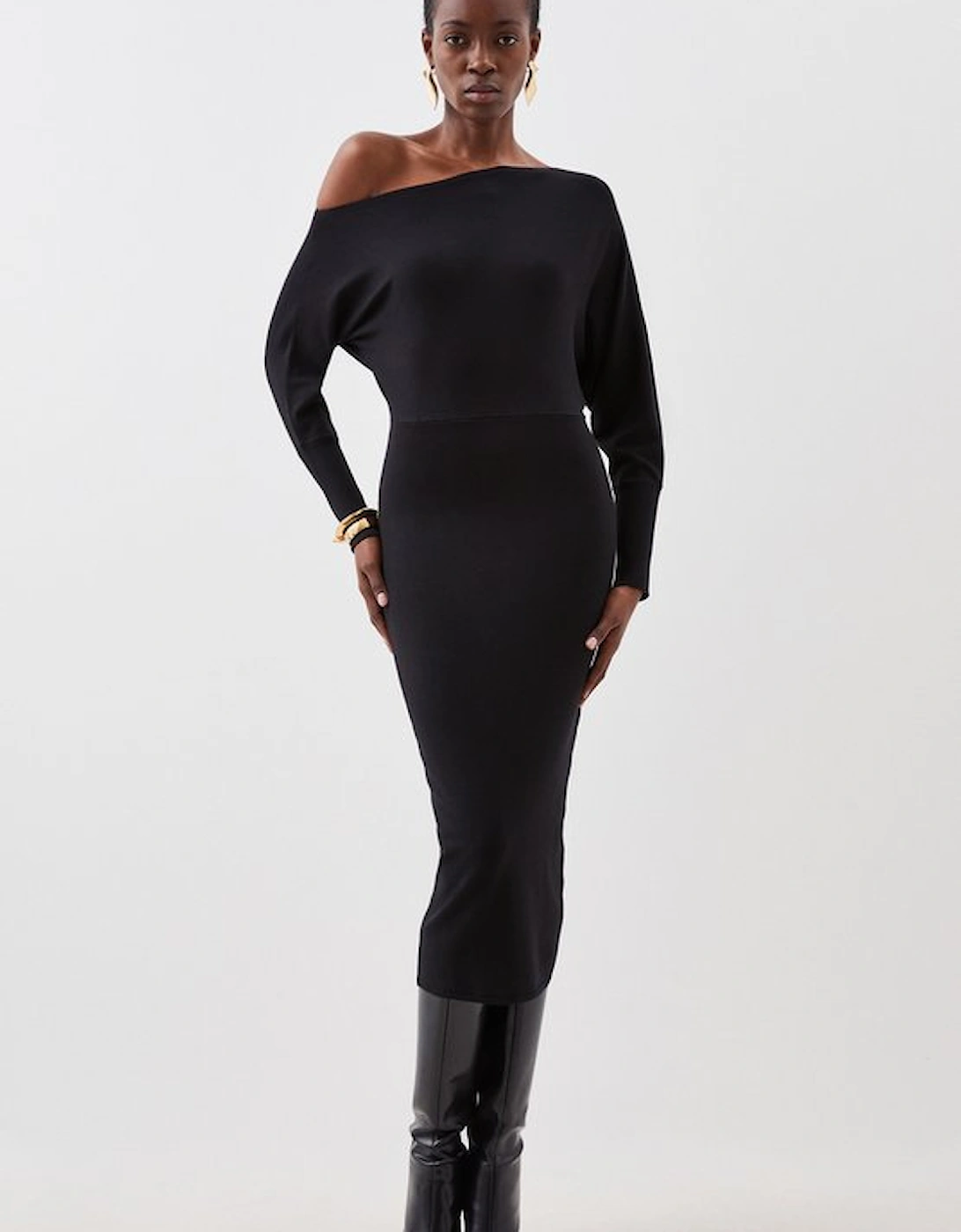 Viscose Blend Knit Asymmetric Neck Midi Dress, 2 of 1