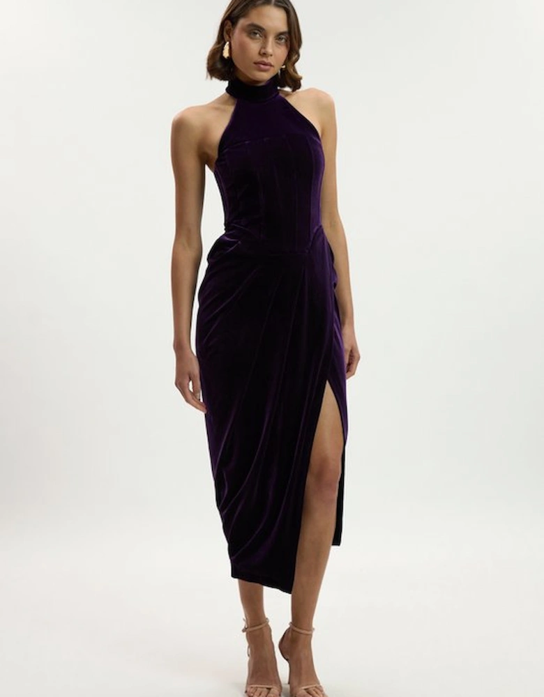 Tailored Velvet Halter Neck Maxi Dress