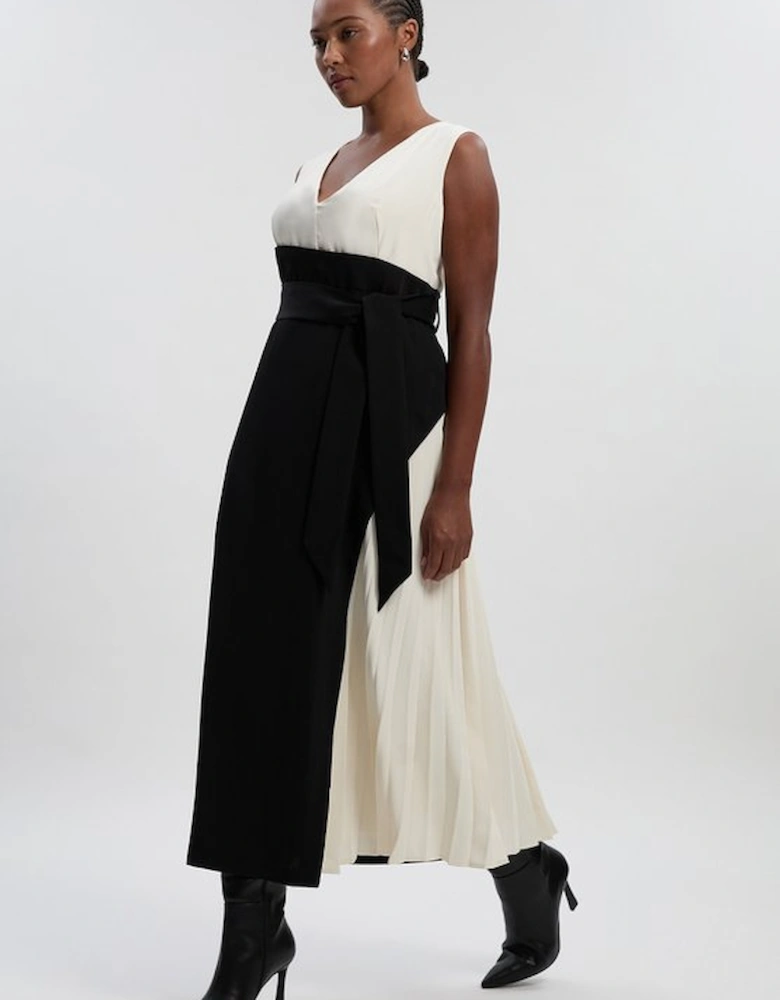 Plus Size Soft Tailored Colour block Side Pleated Midi Dress
