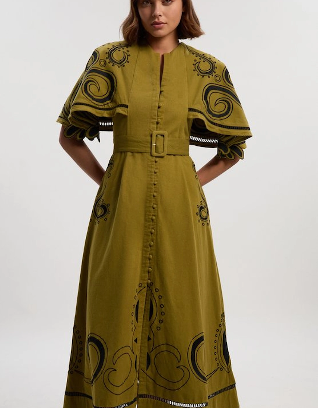 Baroque Embroidered Cape Sleeve Twill Woven Maxi Dress, 2 of 1