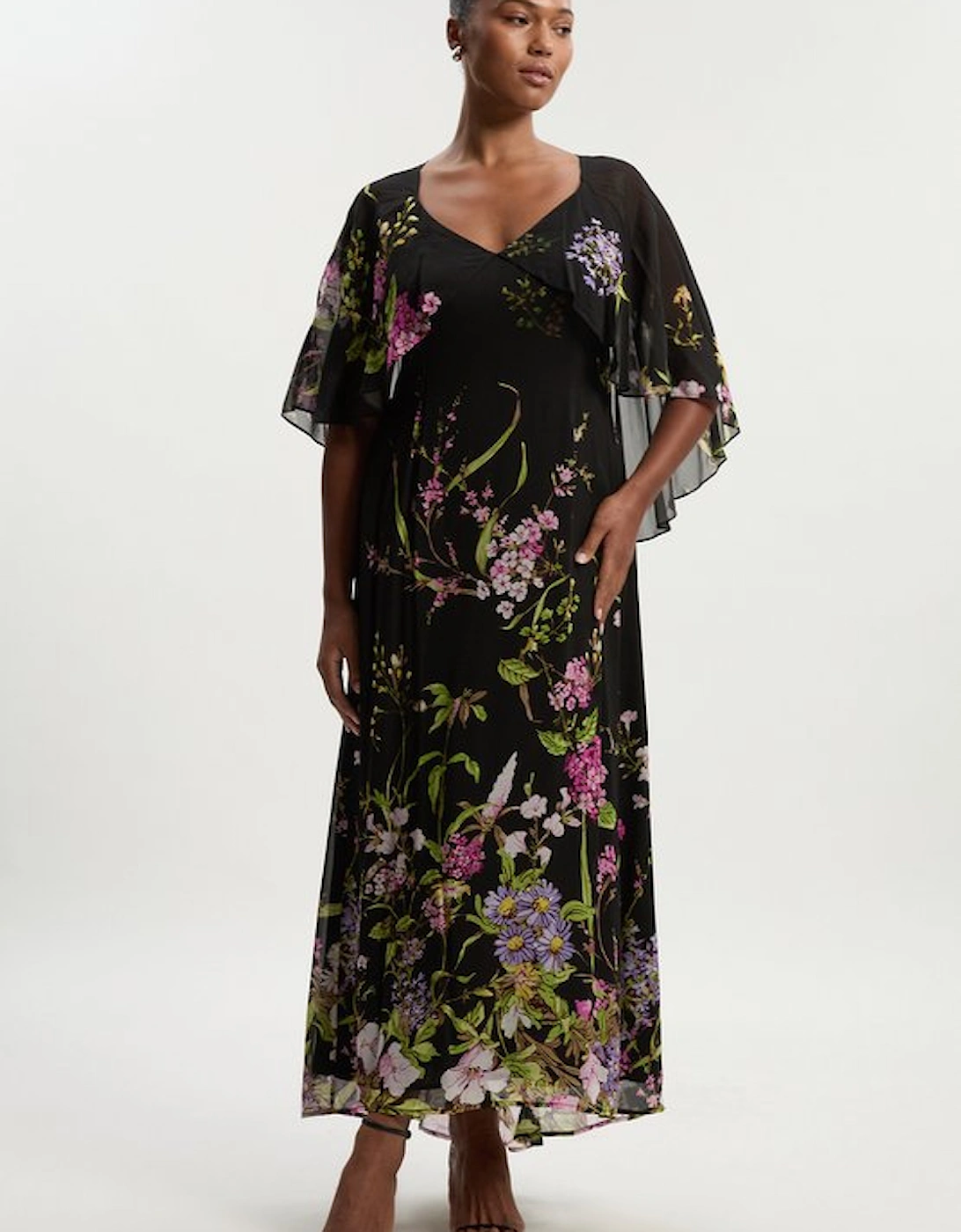 Plus Size Floral Border Print Viscose Woven Cape Sleeve Maxi Dress, 2 of 1
