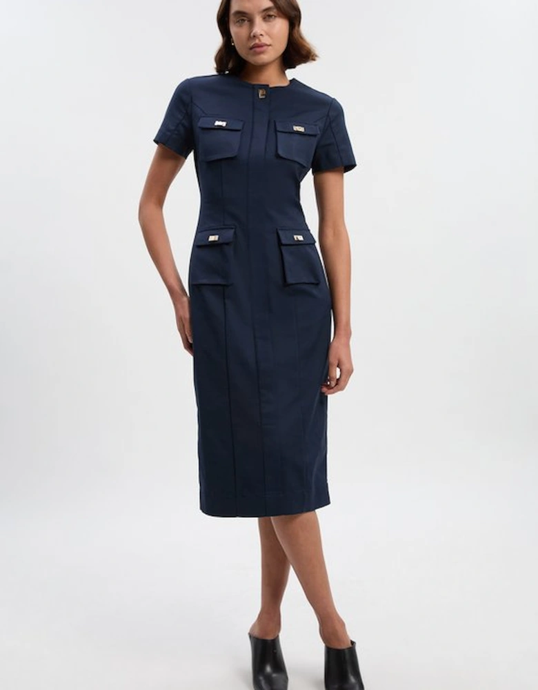 Techno Short Sleeve Hardware Detail Woven Midi Dress