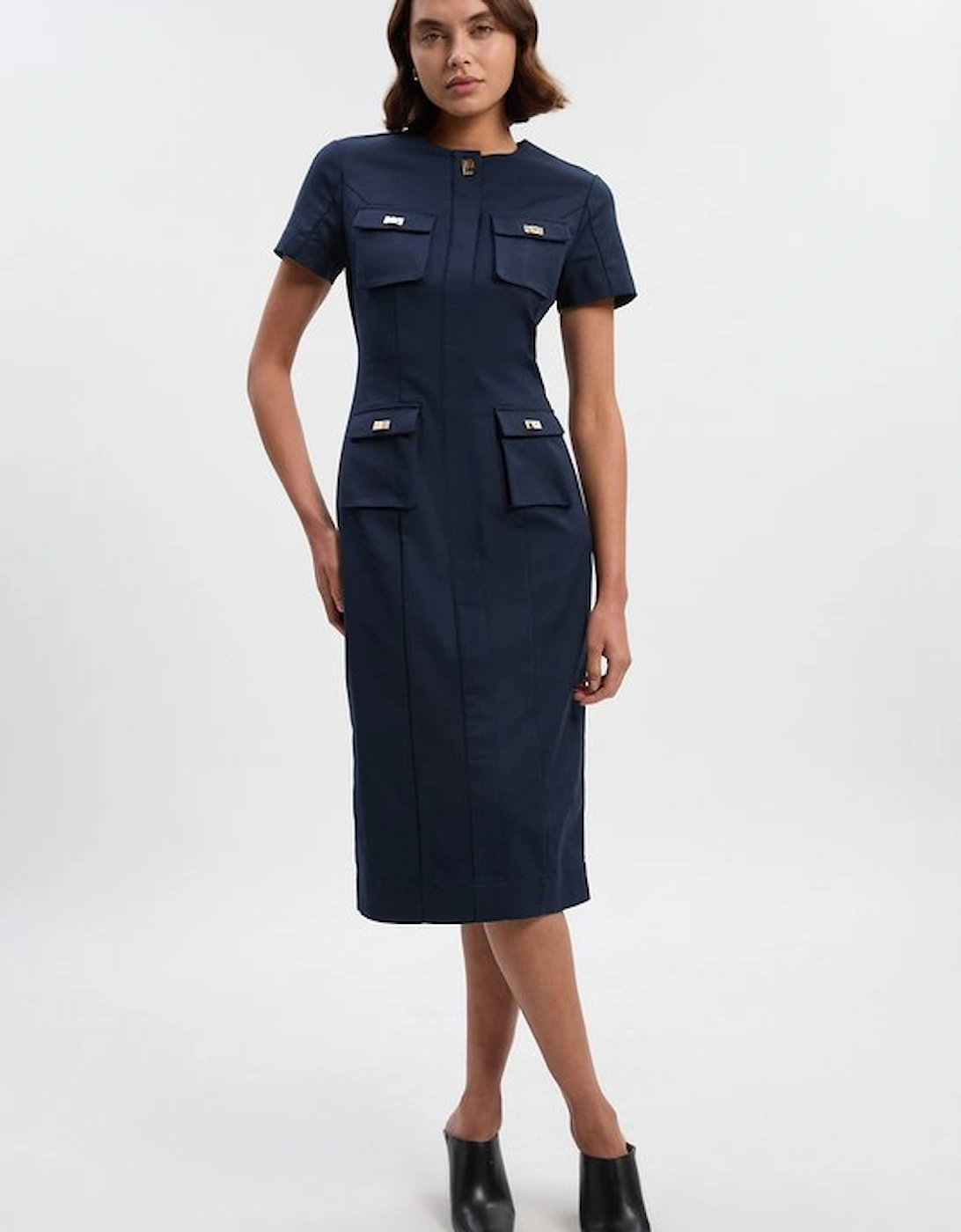 Techno Short Sleeve Hardware Detail Woven Midi Dress, 2 of 1