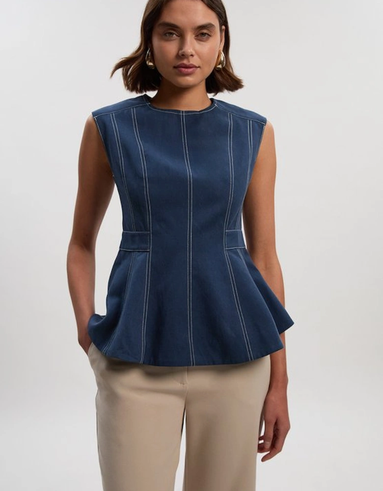 Tencel Cotton Contrast Zip Up Woven Peplum Top