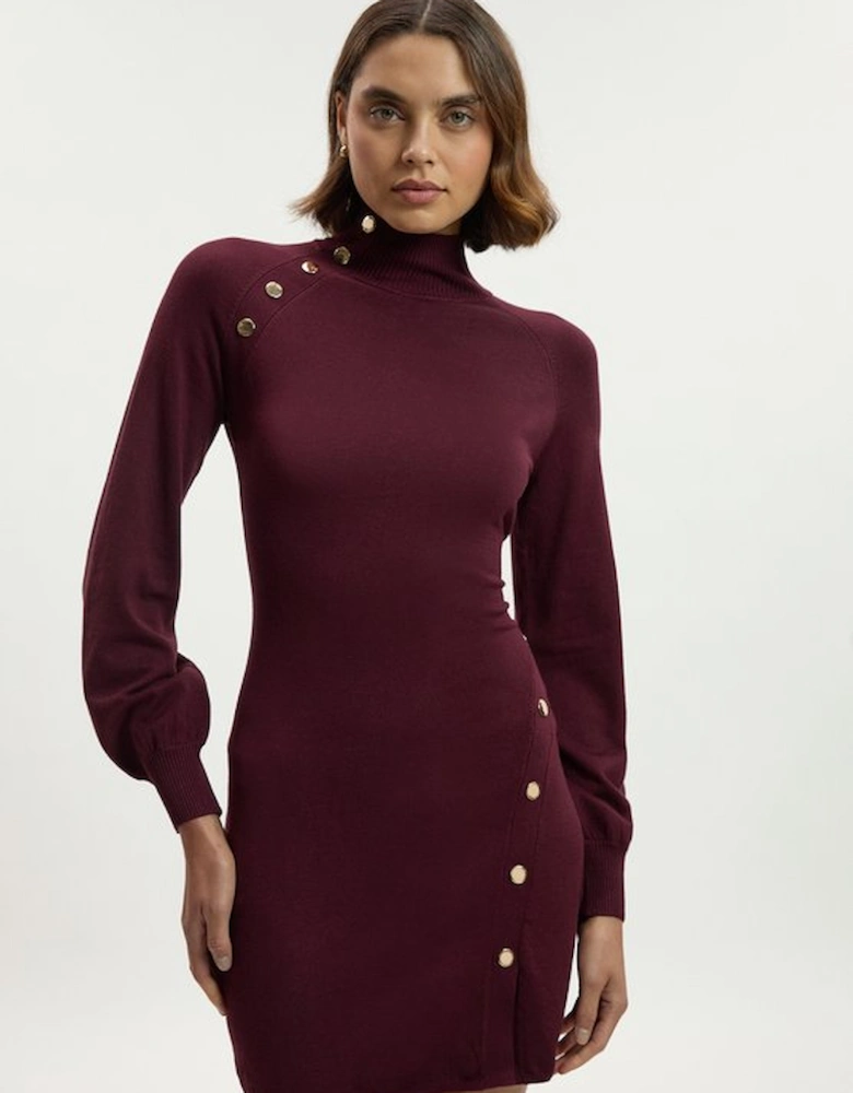 Viscose Blend Popper Detail Knitted Mini Dress
