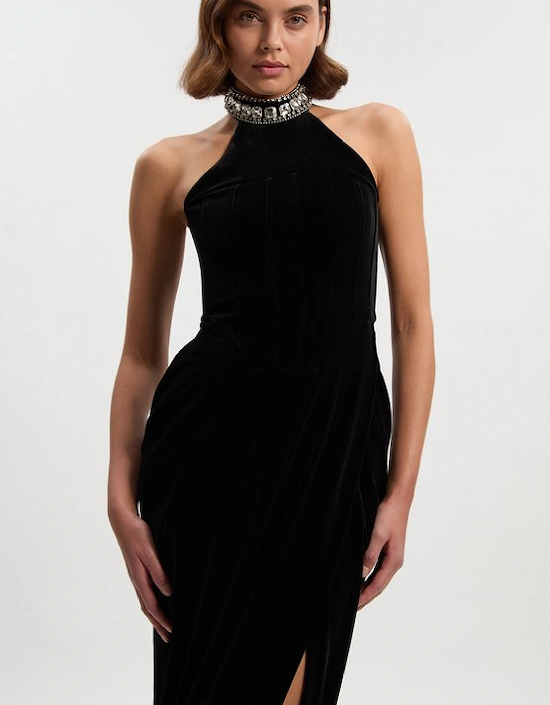 Petite Tailored Velvet Halter Embellished Neck Midi Dress, 2 of 1