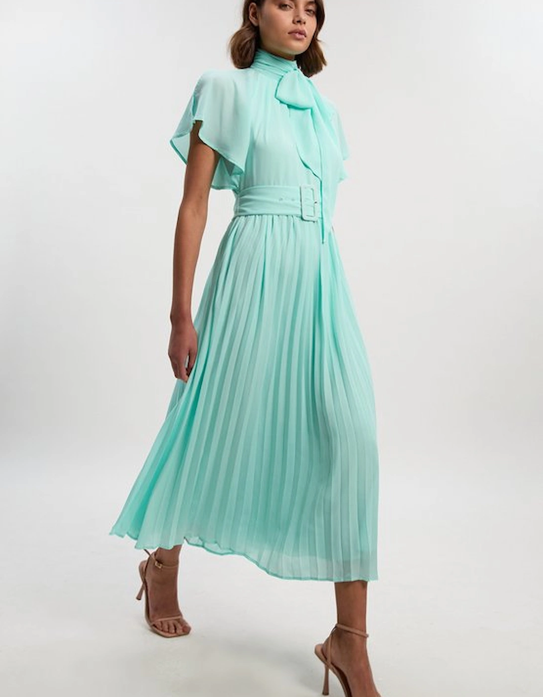 Pussy Bow Tie Georgette Belted Woven Midi Dress, 2 of 1