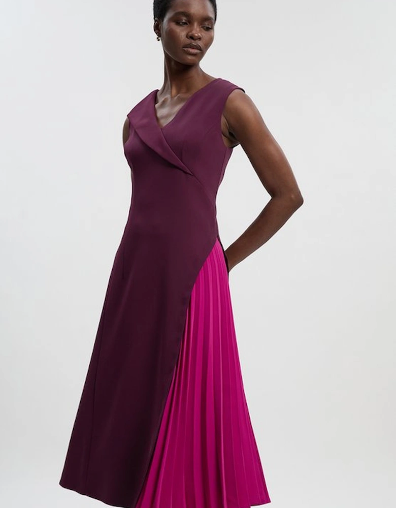 Soft Tailored Colour Block Pleated Side Sleeveless Midi Dress