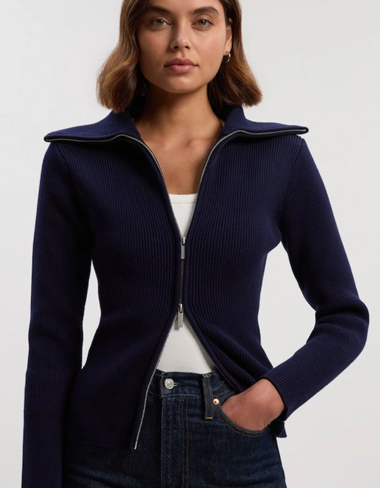 Cotton Zip Through Collar Knit Cardigan