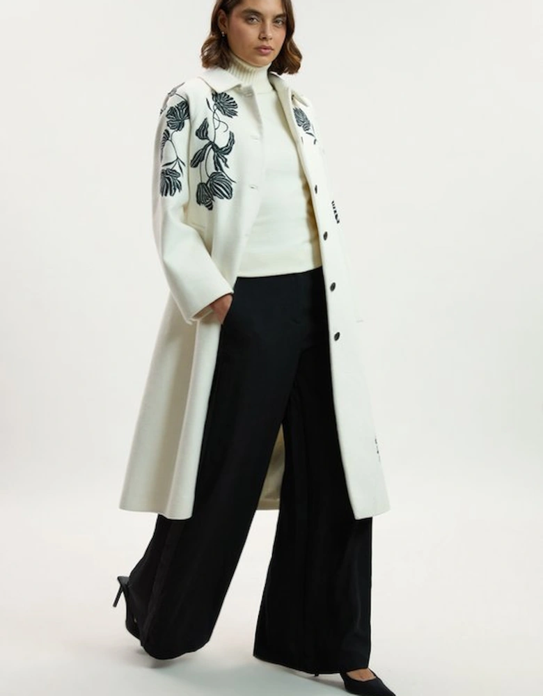 Brushed Wool Placed Embroidery Tailored Midi Coat