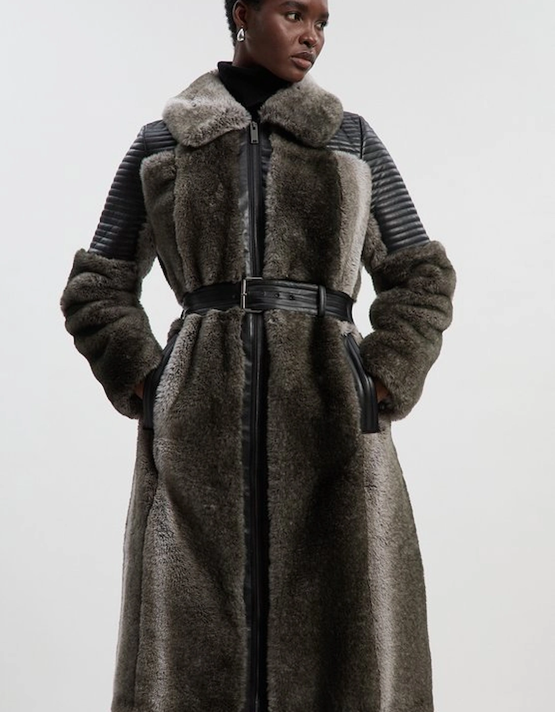 Faux Fur & Faux Leather Panelled Biker Belted Long Coat, 2 of 1