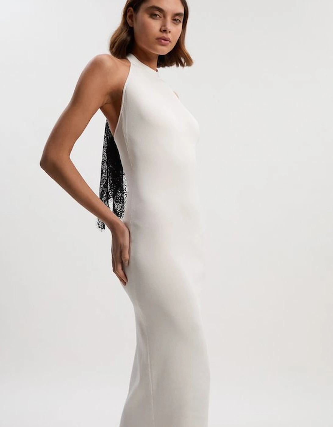 Viscose Blend Slinky Sheer Lace Back Detail Knit Midi Dress, 2 of 1