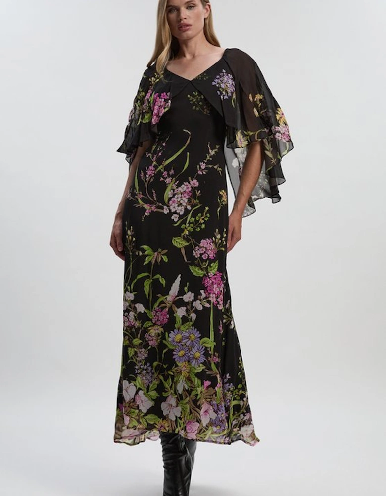 Floral Border Print Viscose Woven Cape Sleeve Maxi Dress