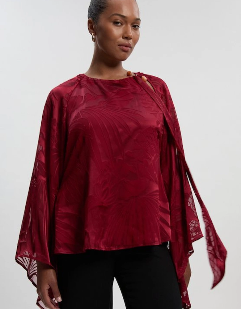 Plus Size Devoure Flared Sleeve Woven Blouse With Trim Detail