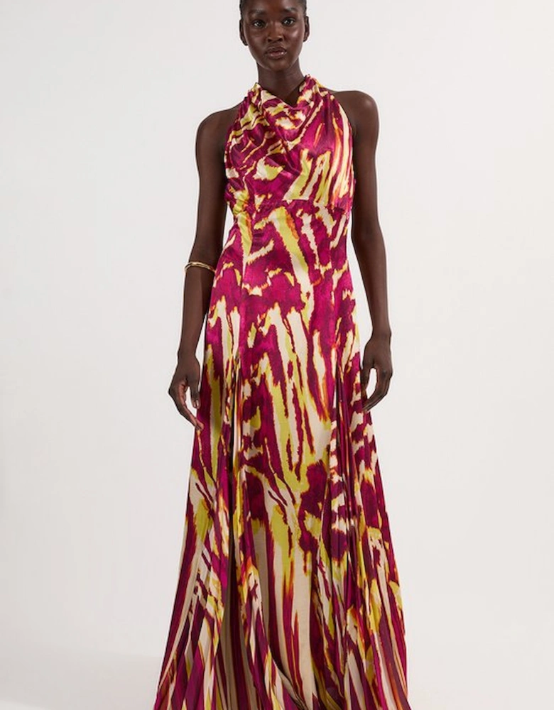 Viscose Satin Border Print Halter Neck Woven Maxi Dress
