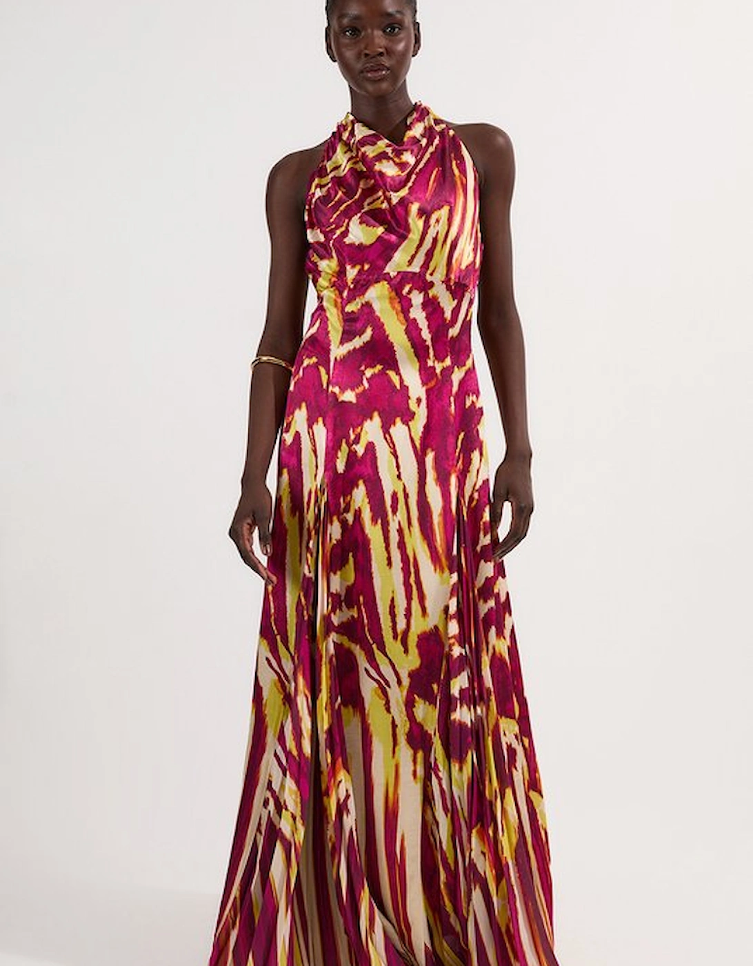 Viscose Satin Border Print Halter Neck Woven Maxi Dress, 2 of 1
