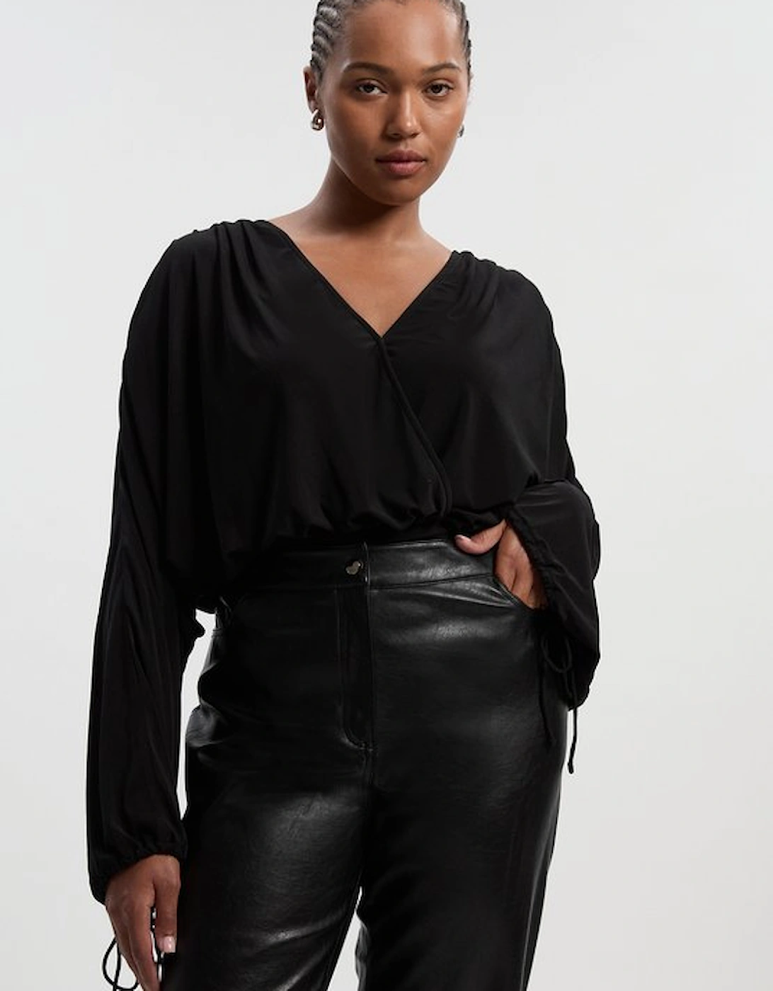 Plus Size Stretch Drapey Crepe Ruched Plunge Neck Batwing Sleeve Bodysuit, 2 of 1