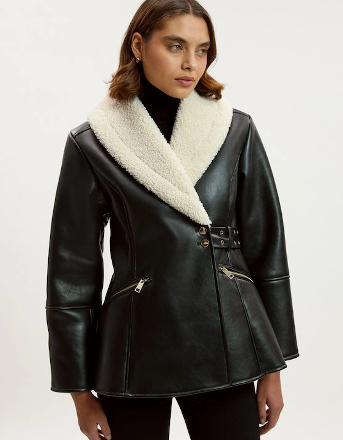 Faux Leather Bonded Waisted Peplum Coat, 2 of 1