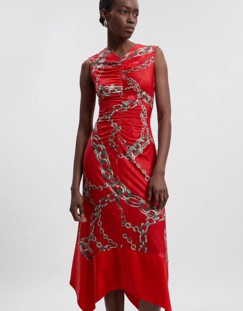 Chain Print Crepe Hanky Hem Midi Dress