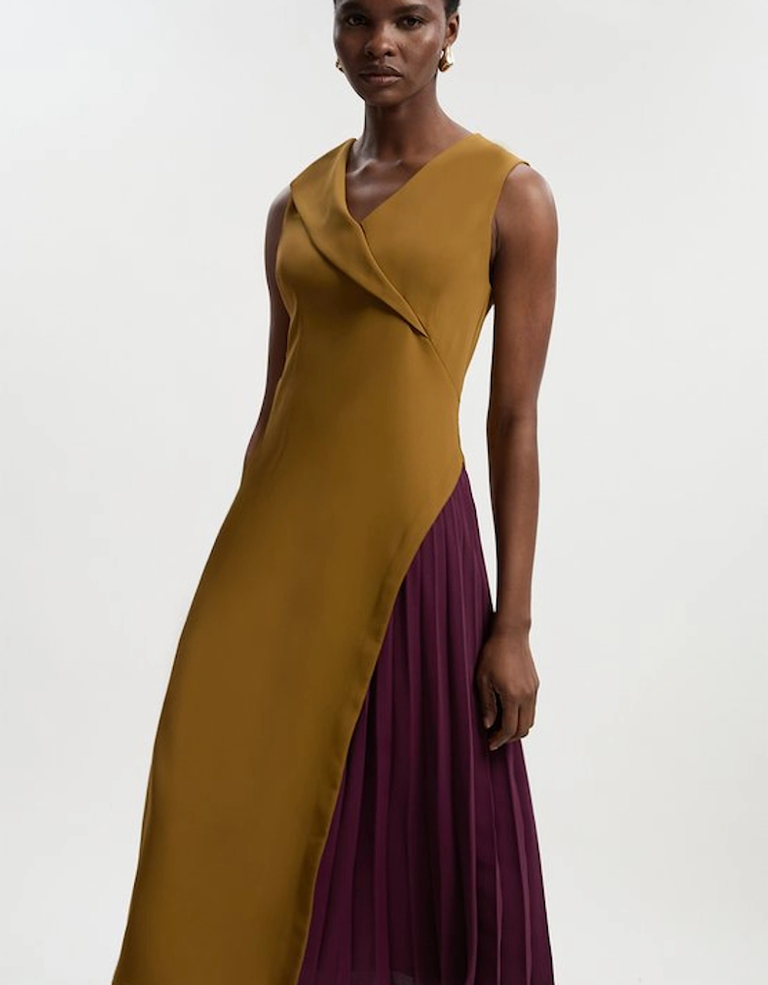 Soft Tailored Colour Block Pleated Side Sleeveless Midi Dress, 2 of 1