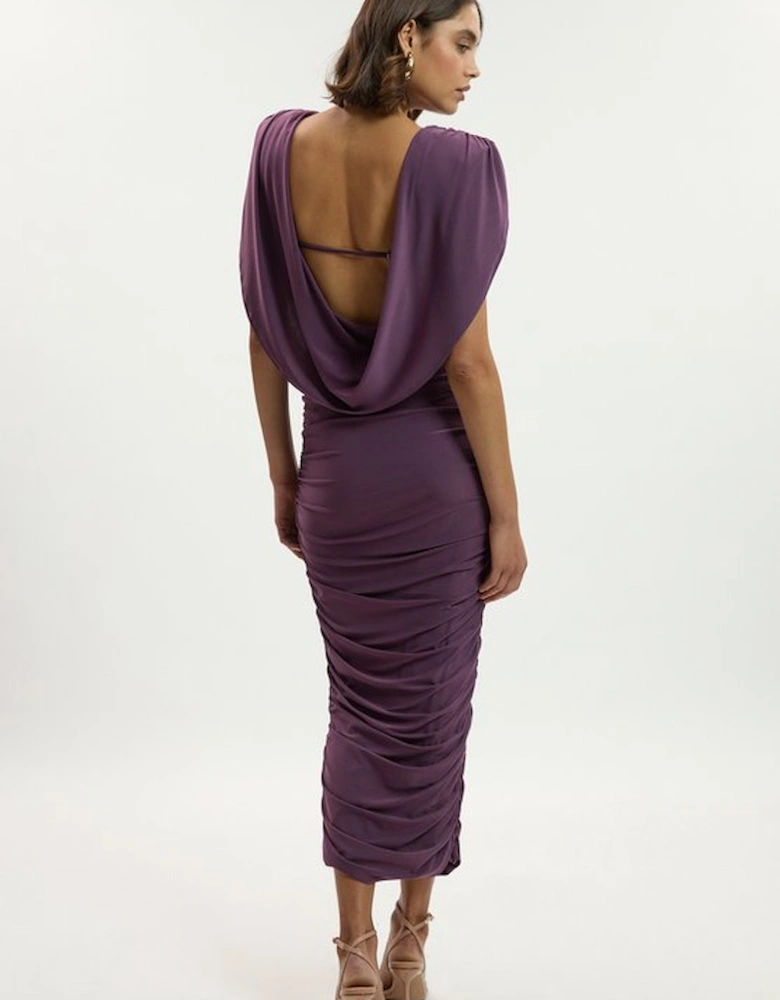 Stretch Drapey Crepe Ruched Plunge Back Detail Midi Dress