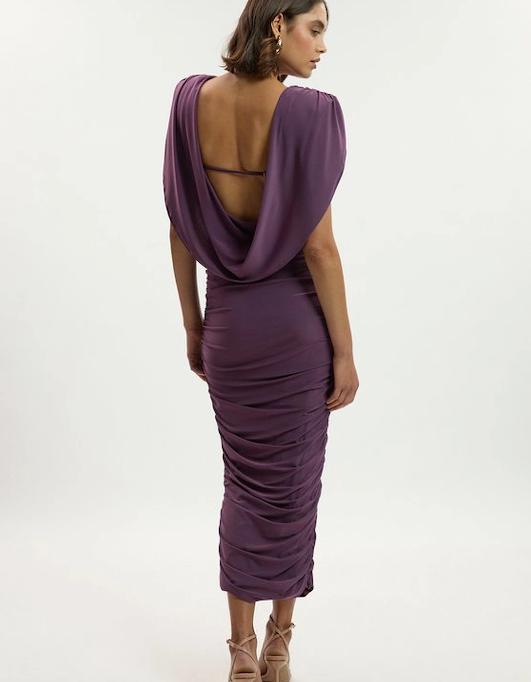 Stretch Drapey Crepe Ruched Plunge Back Detail Midi Dress, 5 of 4