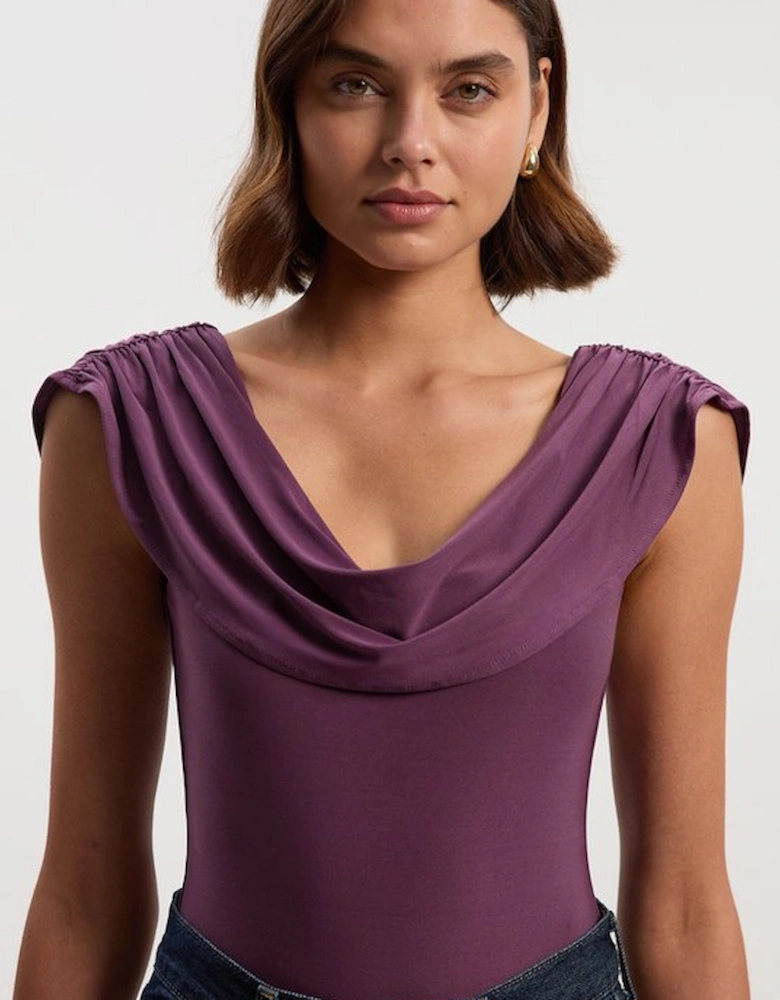 Stretch Drapey Crepe Ruched Plunge Neck Sleeveless Bodysuit