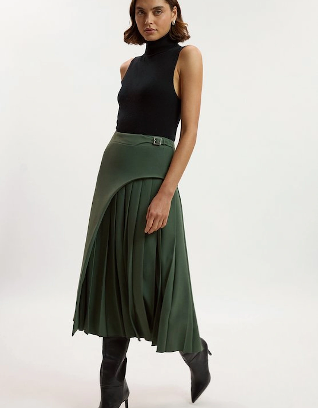 Tailored Buckle Detail Pleated Midi Skirt, 5 of 4