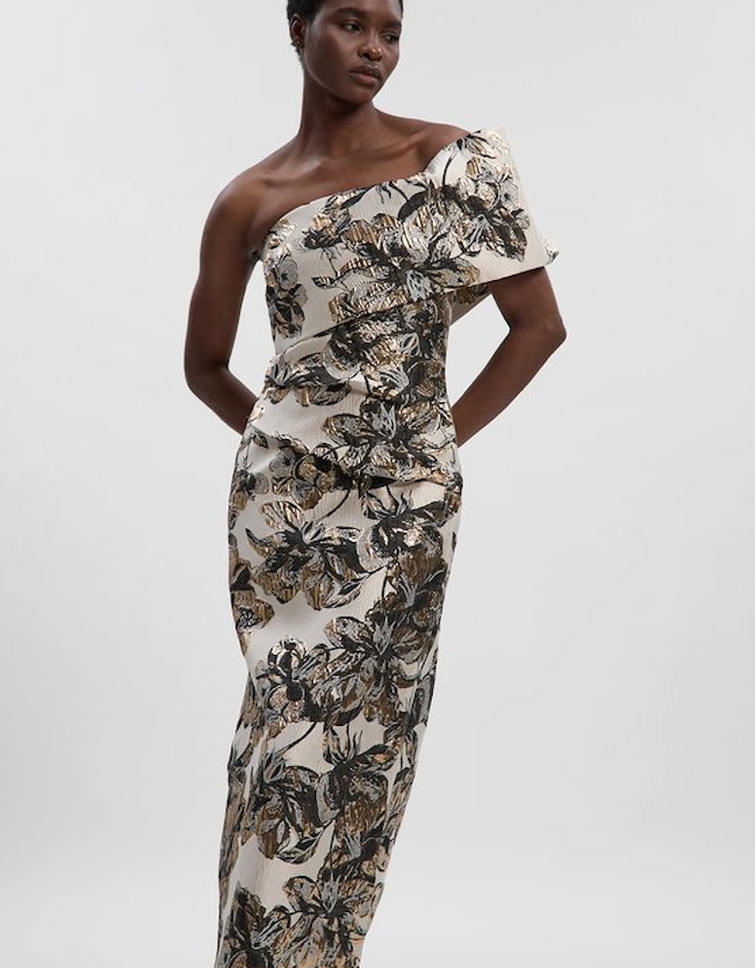 Floral Jacquard Asymmetric Neck Pencil Dress, 2 of 1
