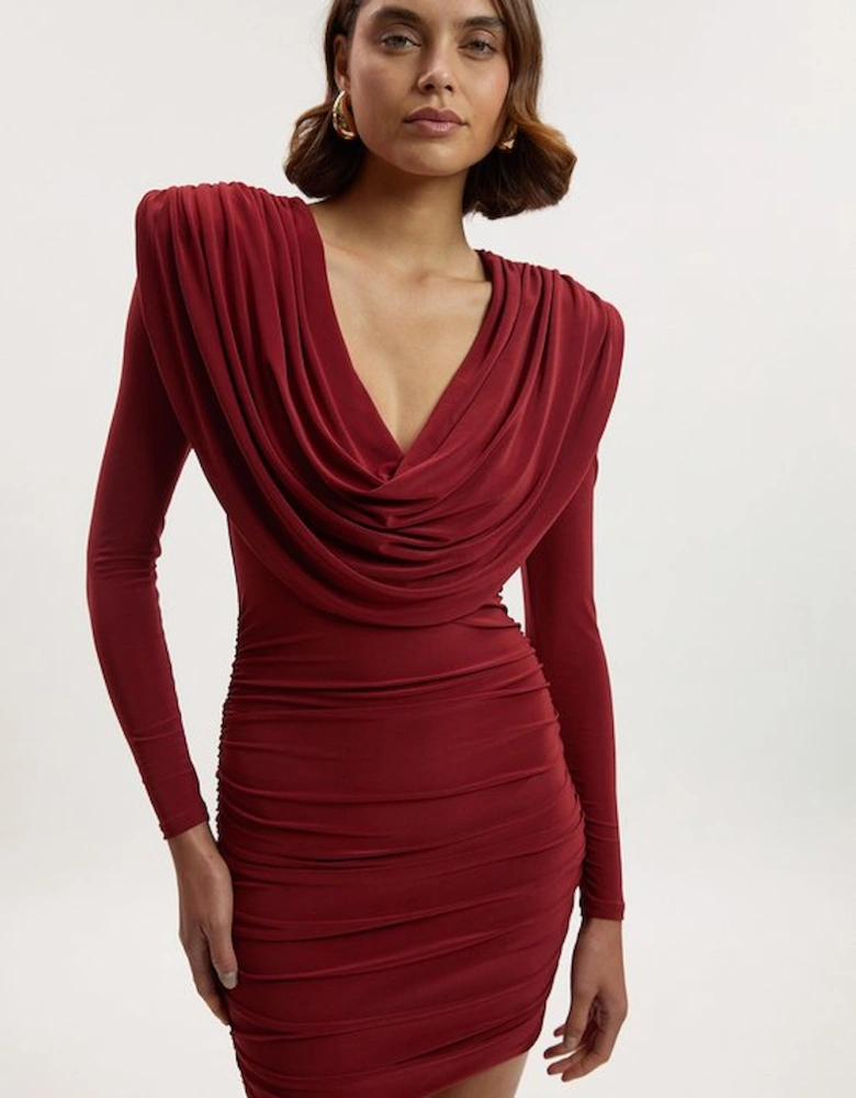 Stretch Drapey Crepe Ruched Plunge Neck Long Sleeve Mini Dress