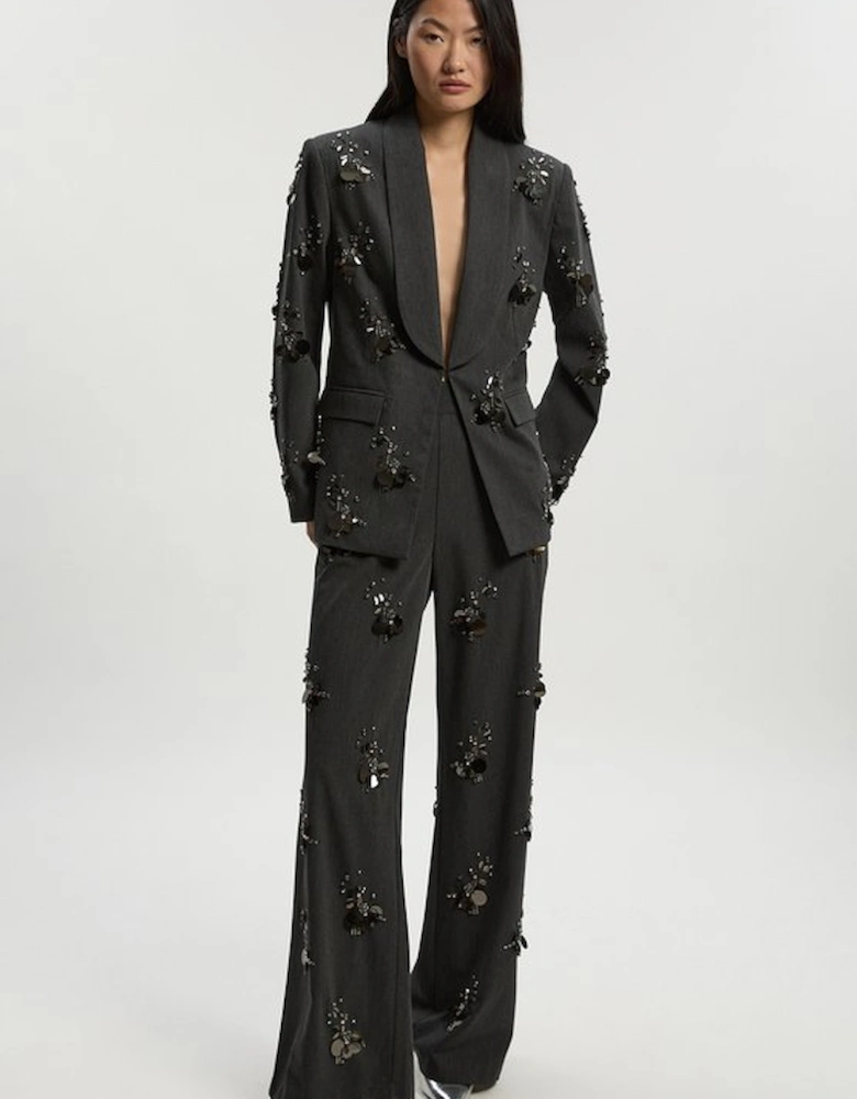 Cluster Sequin & Crystal Embellished Tailored Wide Leg Trouser