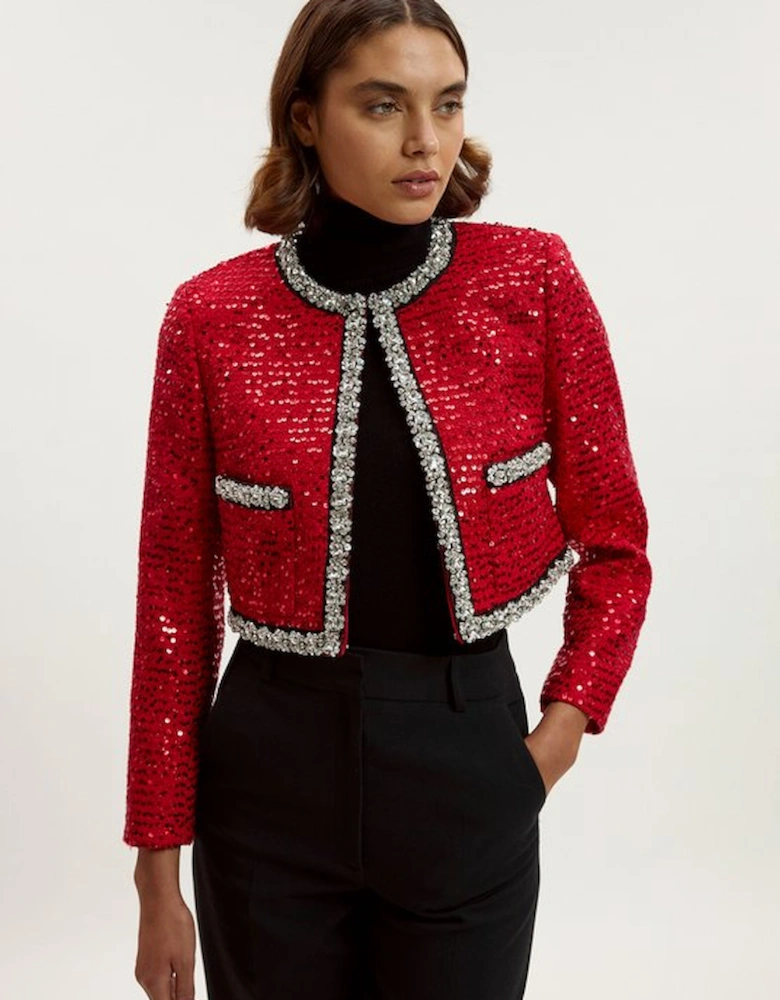 Sequin Tweed Embellished Cropped Tailored Jacket