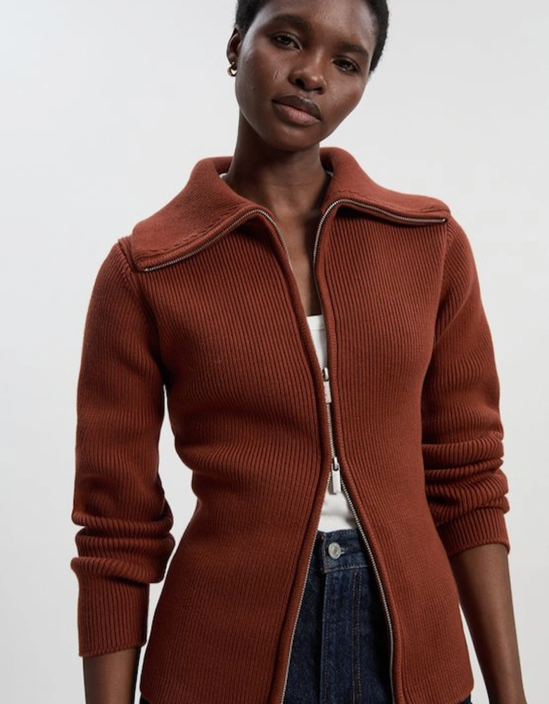 Cotton Zip Through Collar Knit Cardigan