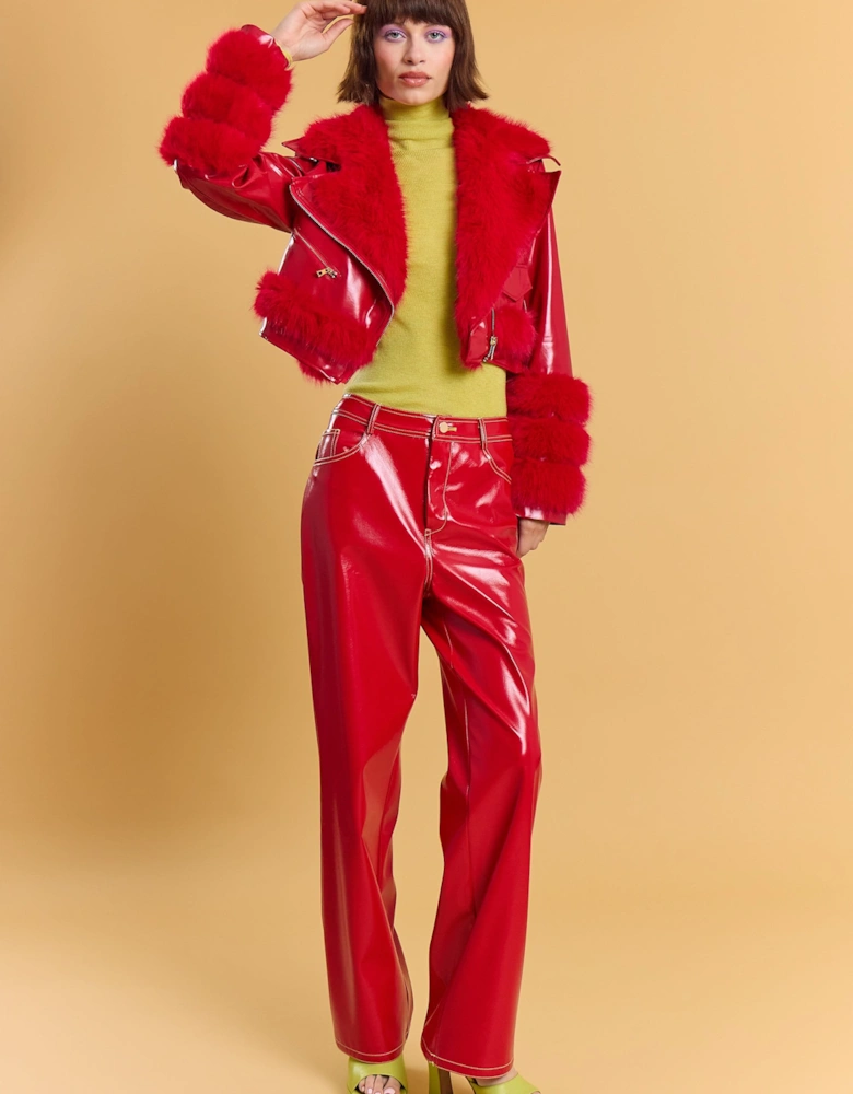 Red Faux Leather Faux Fur Biker Jacket