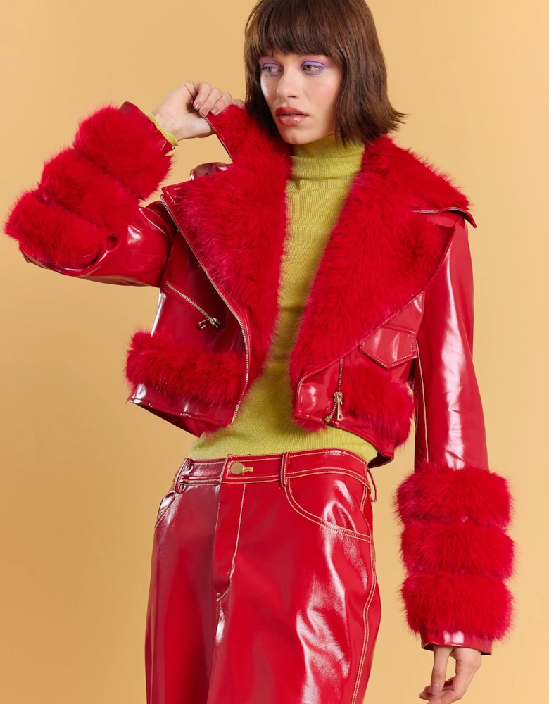 Red Faux Leather Faux Fur Biker Jacket