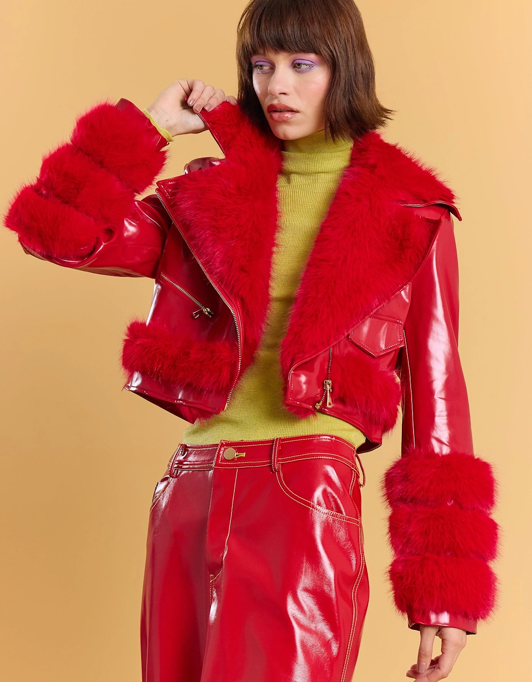 Red Faux Leather Faux Fur Biker Jacket