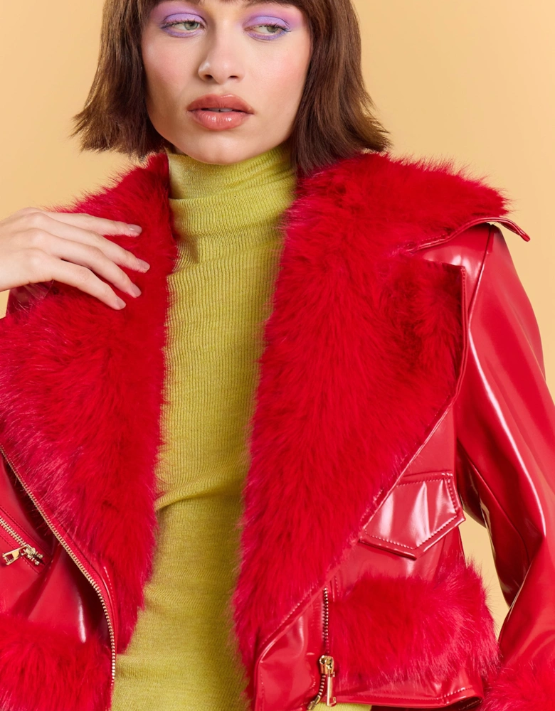 Red Faux Leather Faux Fur Biker Jacket