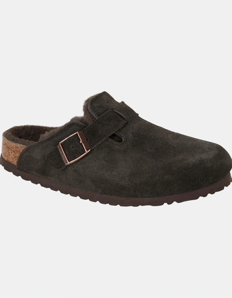 Shearling Suede Leather Womens Clogs - Mocha